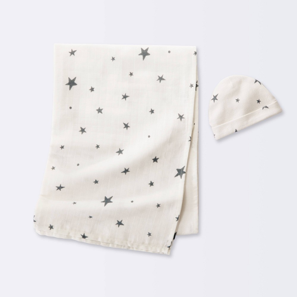 Photos - Children's Bed Linen Hospital Muslin Swaddle Baby Blanket and Hat Gift Set - Cream and Gray Stars - 2pk - Cloud Island™