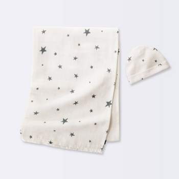 Hospital Muslin Swaddle Baby Blanket and Hat Gift Set - Cream and Gray Stars - 2pk - Cloud Island™