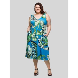 24seven Comfort Apparel Plus Size Midi Length Teal Paisley Print Sleeveless Pleated Pocket Dress - 1 of 4