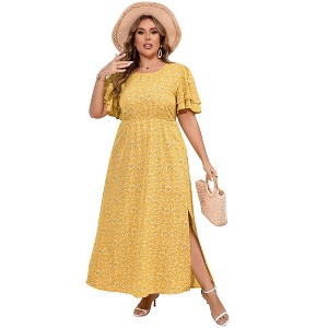 Plus Size Women's Tiered Ruffle Sleeve Maxi Dress with High Slit Elegant Long Flowy Party Dress - 1 of 4