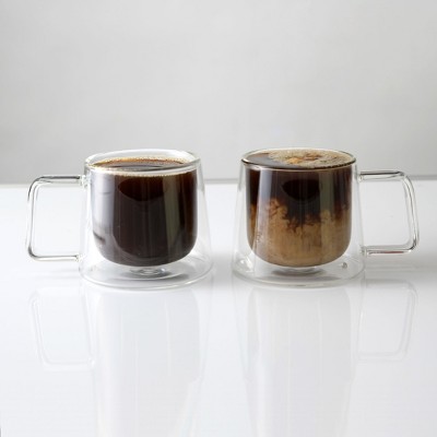 Double Walled Clear Glass Coffee Mugs with Handles - Set of 2