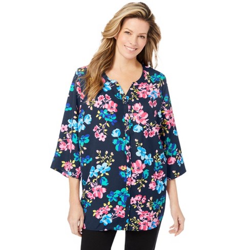 Woman Within Women's Plus Size Y-neck Button Front Blouse - L, Navy ...