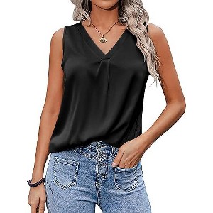 Zeagoo Women's Silk Blouse Elegant Tops Pleated Tank Top Shirt V Neck Blouse Casual Sleeveless Tank Tops - 1 of 4