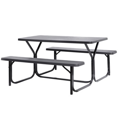 Gardenised Outdoor Woodgrain Picnic Table Set with Metal Frame, Gray