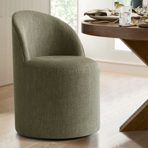 Modern Upholstered Dining Chair with Castors Round Dining Room Chair with Cushioned Backrest Linen Barrel Dining Chair for Kitchen -Tanpinhause - 1 of 4