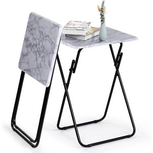 FurnitureR Folding TV Tray Tables, Foldable Side Table Dinner Trays, Marble Print Finish Snack Tables for Bed Couch Sofa, Space Saving, 2PCS, White - 1 of 4
