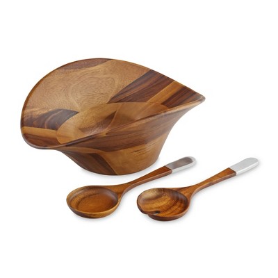 Nambé Ripple Collection Salad Bowl with Servers – Deep Oval Acacia Wood and Alloy Serveware, Decorative Tabletop Centerpiece