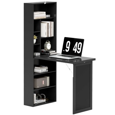 HOMCOM Fold-out Convertible Writing Table, Wall Mount Desk Cabinet with Blackboard and Side Shelf Multi-Function Home Office Workstation
