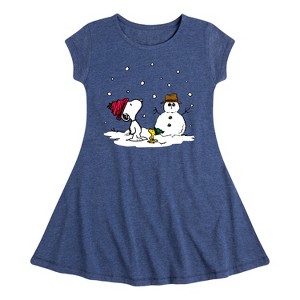 Girls' - Peanuts - Snoopy Woodstock Snowman Fit & Flair Cap Sleeve Dress - 1 of 4