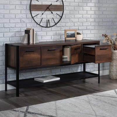 Barrel Oak and Black Metal 2-Drawer Office Credenza