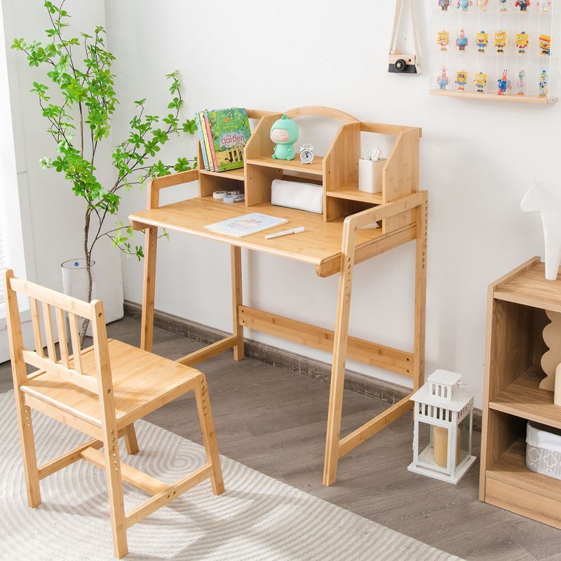 Costway Bamboo Kids Study Desk And Chair Set  Height Adjustable Home School w/ Bookshelf, 3 of 11