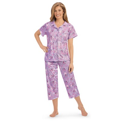 Collections Etc Short Sleeve Button-Front Abstract Floral Capris Pajama Set