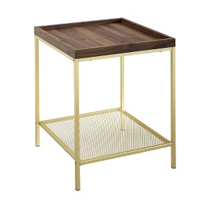 Glam Square Tray Side Table with Metal Mesh Shelf Dark Walnut/Gold - Saracina Home, Brown/Gold