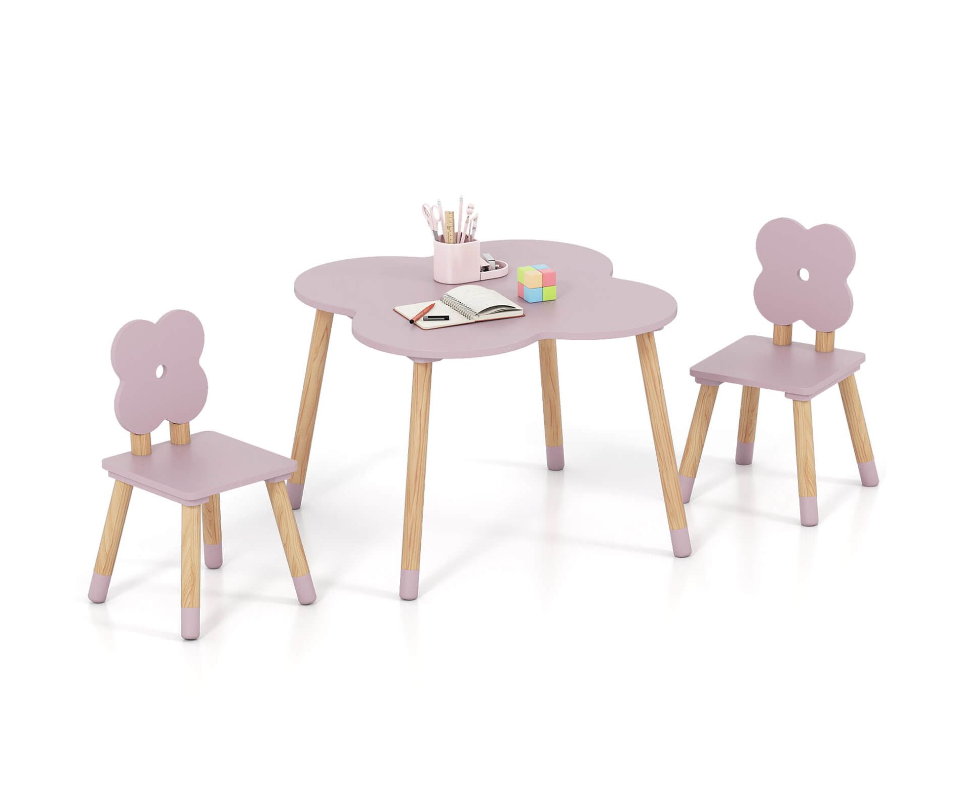 Costway Flower-shaped Kids Table Set with 2 Child-sized Chairs Solid Pine Wood Legs Pink/White