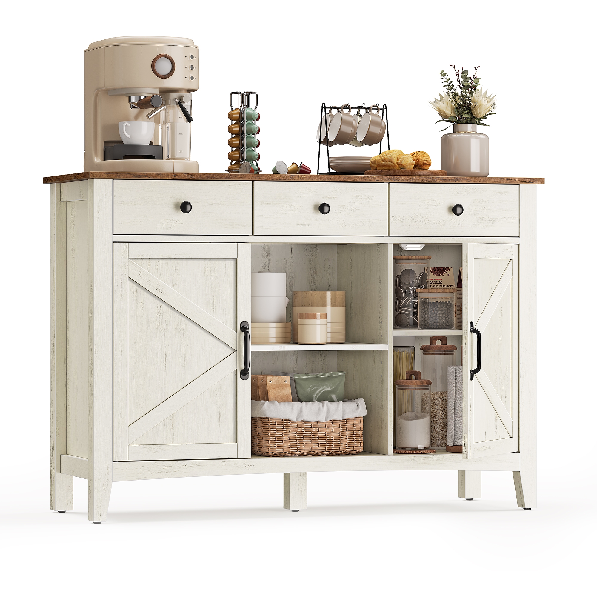 VASAGLE Farmhouse Buffet Cabinet with Detachable Wine Rack, Sideboard Cabinet with Adjustable Shelves, Rustic White and Honey Brown