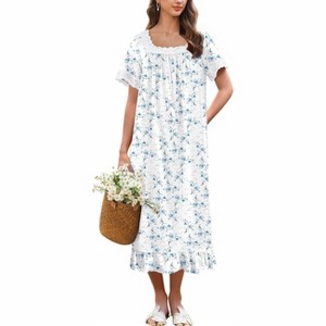 Ekouaer Cotton Nightgowns for Women Vintage Victorian Nightgown Short Sleeve Lace Night Gown Long Nightdress Soft Nightshirt White Blue Flowers L
