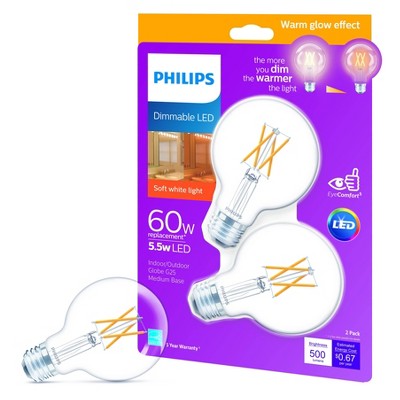 Philips Premium G25 60W E26 2700-2200K LED Light Bub Warm Glow T20 Clear