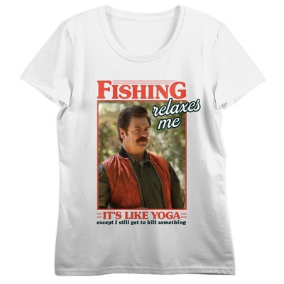 Bioworld Parks & Recreation Ron Swanson Fishing Relaxes Me Crew Neck Short Sleeve Women's T-Shirt -Medium, White