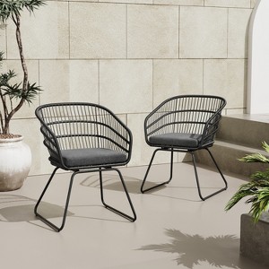 Christopher Knight Home Lemere Outdoor Wicker and Metal Upholstered Dining Chairs (Set of 2) - 1 of 4