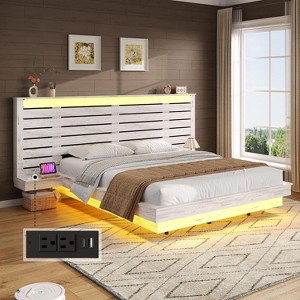Farmhouse Floating Bed Frame with Extended Grille Headboard - 1 of 4