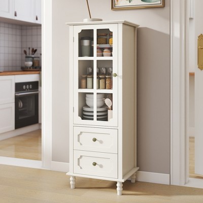 JUJABU Modern Minimalist Wooden Sideboard Buffet Cabinet with Glass Doors, Double Drawer, for Living/Dining Room, Hallway, Entryway