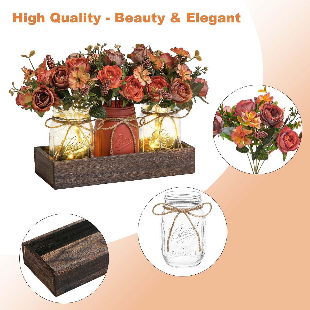 3 PCS Mason Jar Centerpiece for Table with Artificial Flowers, Coffee Table Decor with Wood Tray, Summer Decoration For Dining Room Kitchen - thumbnail 5