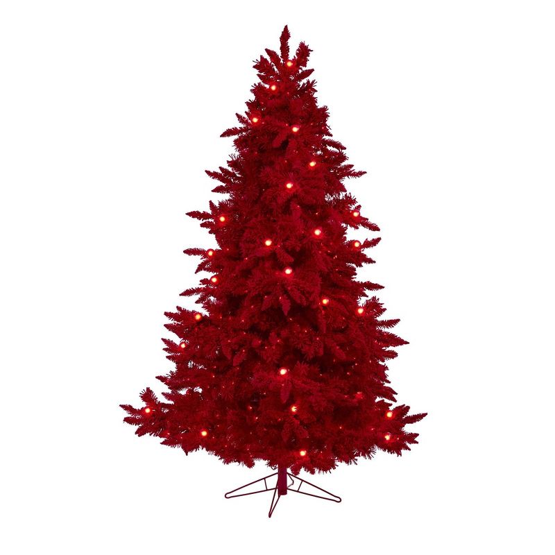 Nearly Natural 7-ft Red Flocked Fraser Fir Artificial Christmas Tree with 500 Red Lights, 40 Globe Bulbs and 1039 Bendable Branches, 1 of 8