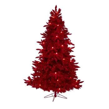 Nearly Natural 7-ft Red Flocked Fraser Fir Artificial Christmas Tree with 500 Red Lights, 40 Globe Bulbs and 1039 Bendable Branches