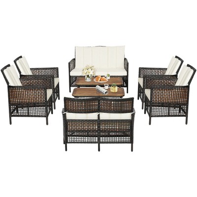 Tangkula 8PCS Cushioned Patio PE Wicker Conversation Furniture Set w/ Acacia Wood Tabletop