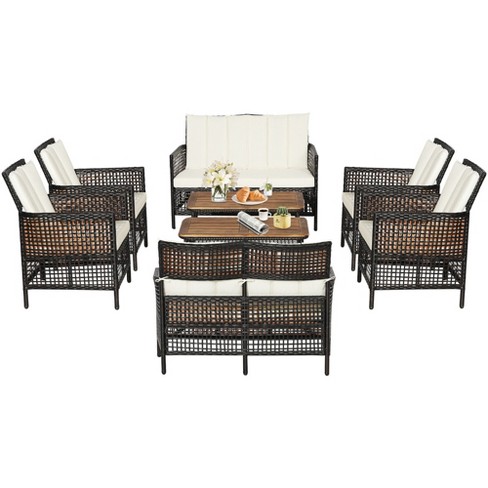 Tangkula 8PCS Cushioned Patio PE Wicker Conversation Furniture Set w/ Acacia Wood Tabletop - image 1 of 4