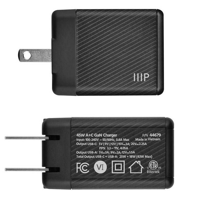Monoprice Compact 2‑Port 45W PD3.0 GaN Charger, 100V ~ 240V / 50/60 Hz, USB Type C and Type A, High Power Fast Charging, Universal Compatibility, 3 of 7