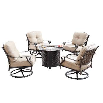 Oakland Living 5pc Aluminum Outdoor Patio Fire Pit Set with 34"  Round Propane Fire Table & Swivel Rocking Chairs Copper