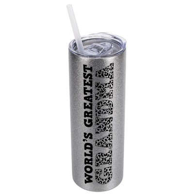 Elanze Designs Leopard Pattern Silvertone Sparkle 20 Ounce Double Wall Stainless Steel Glitter Travel Tumbler With Sliding Lid, World's Greatest