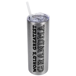 Elanze Designs Leopard Pattern Silvertone Sparkle 20 Ounce Double Wall Stainless Steel Glitter Travel Tumbler With Sliding Lid, World's Greatest - 1 of 4