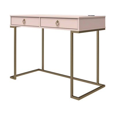 Pink Wood Writing Desk with Gold Metal Legs and Drawer