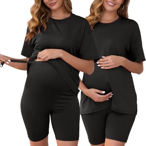 INSPIRE CHIC Women Maternity Set Tie Dye Short Sleeve and Shorts Set Pregnancy Pajama Outfits Bike Shorts - 1 of 4