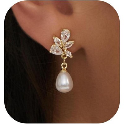 Pearl Earrings: 14k Gold-plated Cubic Zirconia Accented Pearl Drop Dangle Wedding Engagement Earrings For Women Bridal Bridesmaid