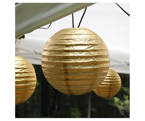 10ct Lumabase Gold Electric String Light with 10" Paper LED Lanterns