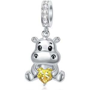 Sterling Silver Hippo Charm with 12 Birthstones - Animal Bead for Bracelets, Gift for Hippo Lovers - 1 of 4