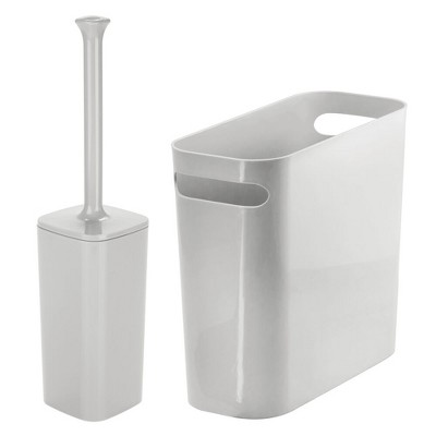 mDesign 2 Piece Plastic Bathroom Trash Can, Toilet Bowl Brush Set - Light Gray