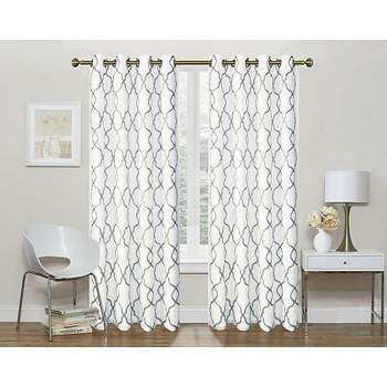 Kate Aurora 2 Pack Geo Trellis Double Layered Sheer Embroidered Grommet Curtains