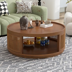 Round Coffee Table Wooden Sofa Table Side Table Cane Center Table with PE Rattan Side, Mid-Century Modern, Black/Brown-ModernLuxe - 1 of 4