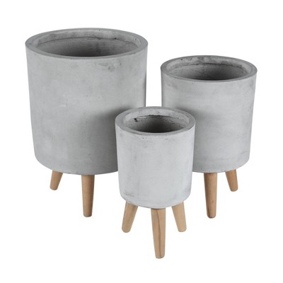 Set of 3 Contemporary Fiber Clay Planters with Wooden Legs Gray - Olivia & May