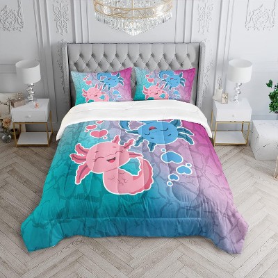 Acoinel 3 Pcs Smiling Axolotl Lightwight Ultra Soft Comforter Set with 2 Pillowcases, Pink