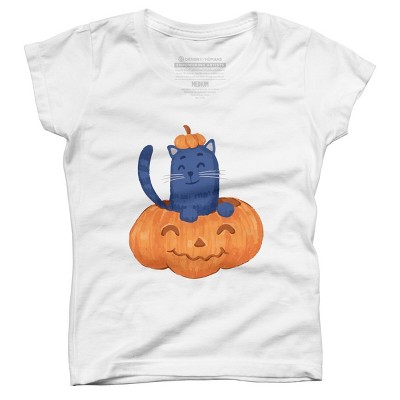 Girl's Design By Humans Halloween Cat In A Pumpkin By wubbadub T-Shirt