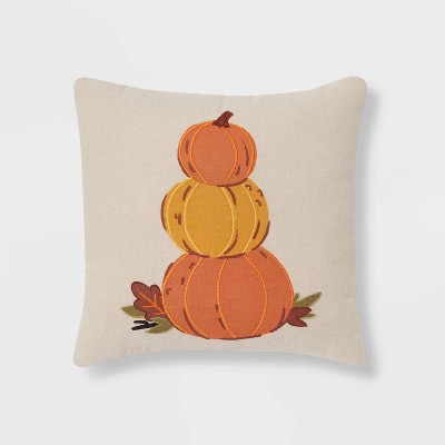Chambray Printed and Embroidered 3 Pumpkins Square Throw Pillow Neutral/Orange