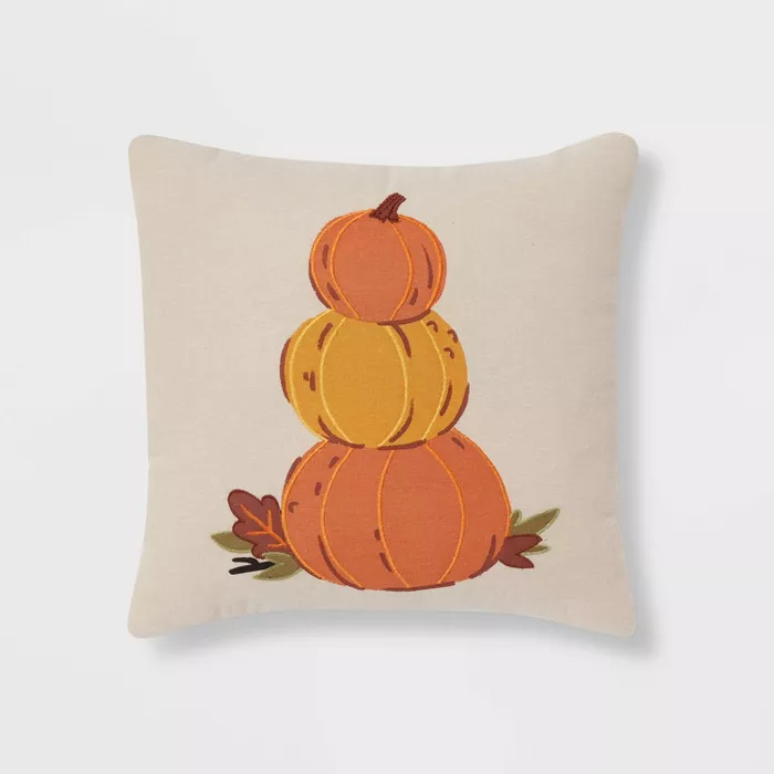 Chambray Printed and Embroidered 3 Pumpkins Square Throw Pillow Neutral/Orange - image 1 of 5