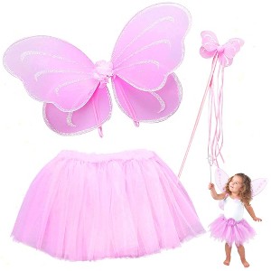 Butterfly Craze Fairy Princess Tutu Costume Set - Includes Glittery Sparkle Wings, Tutu Skirt, & Wand for Girls' Dress Up - 1 of 4