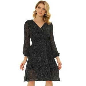 Allegra K Women's Boho Floral V Neck Tie Waist Long Sleeve Chiffon Wrap Midi Dress - 1 of 4