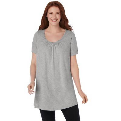 Woman Within Women's Plus Size Perfect Short-Sleeve Shirred U-Neck Tunic
